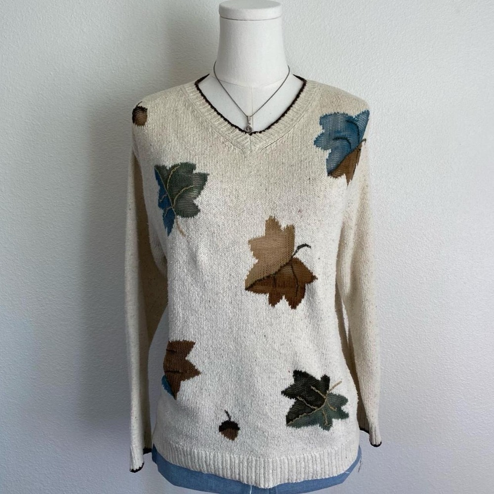 Vintage Villager Liz Claiborne Cream V Neck Fall Leaf Knit Sweater Cottage - Picture 2 of 6